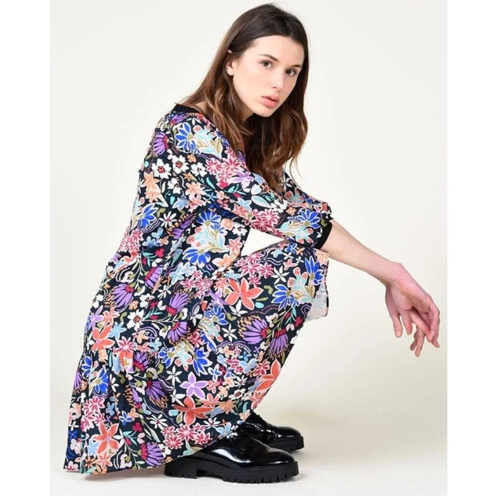 Molly Bracken Lili Sidonio Floral Ruffle Hem Drop Waist Shift Dress Black Multi - Picture 2 of 12